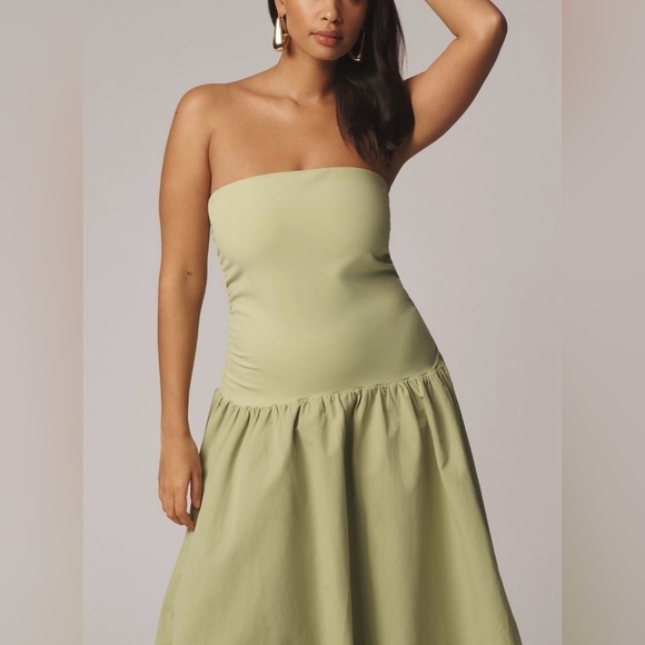 NWT! Anthro Sage Green Mare Mare Strapless Drop-Waist Bubble Midi Dress 🔴🐚🖼️ - Picture 5 of 11